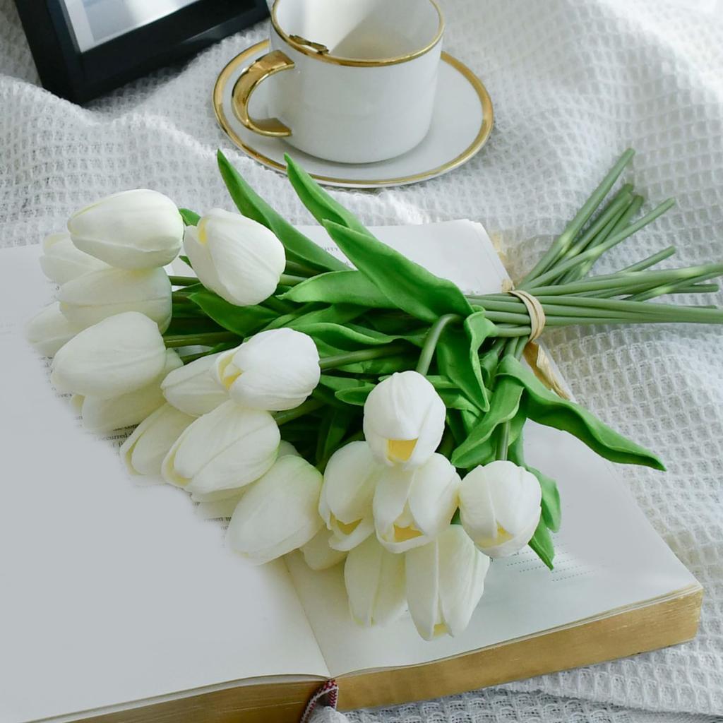 15 PCS White Imitation Tulip Artificial Flowers Real Touch Tulips Faux Flower for Home Kitchen Wedding Dining Table Decoration