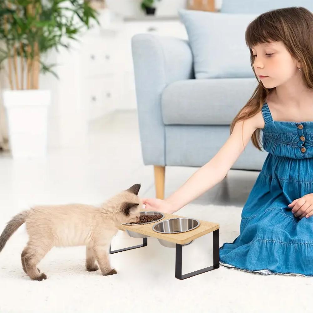 Elevated Cat Bowls 15° Tilted Raised Cat Food Bowls with Wooden Stand Anti Vomiting 2 Stainless Steel Bowls for Cats and Puppy