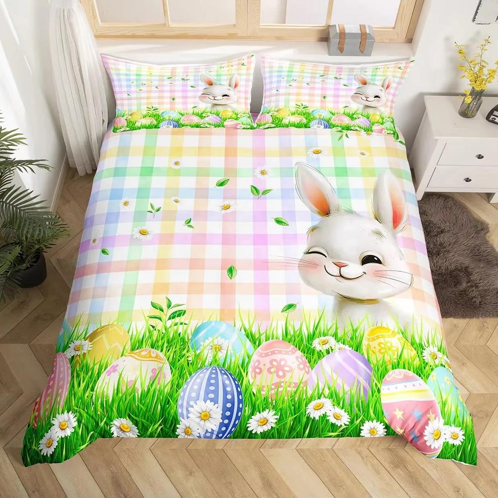 Easter Decor Rabbit Duvet Cover Colorful Flowers Bedding Set Girls Kids Room Kawaii Decor Easter Gifts Comforter Cover 2/3 Pcs