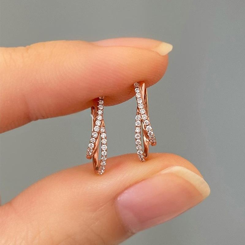 Rose Gold Tone Twisted Hoop Earrings with Paved Stones Elegant Minimalist Earrings for Women Daily Wear