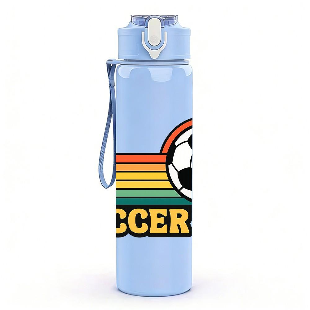 1PC Retro Striped Soccer Logo Print 750ml Color Plastic Sports Water Bottle Leakproof Flip Straw Lid Suitable for Sports Office Home Use