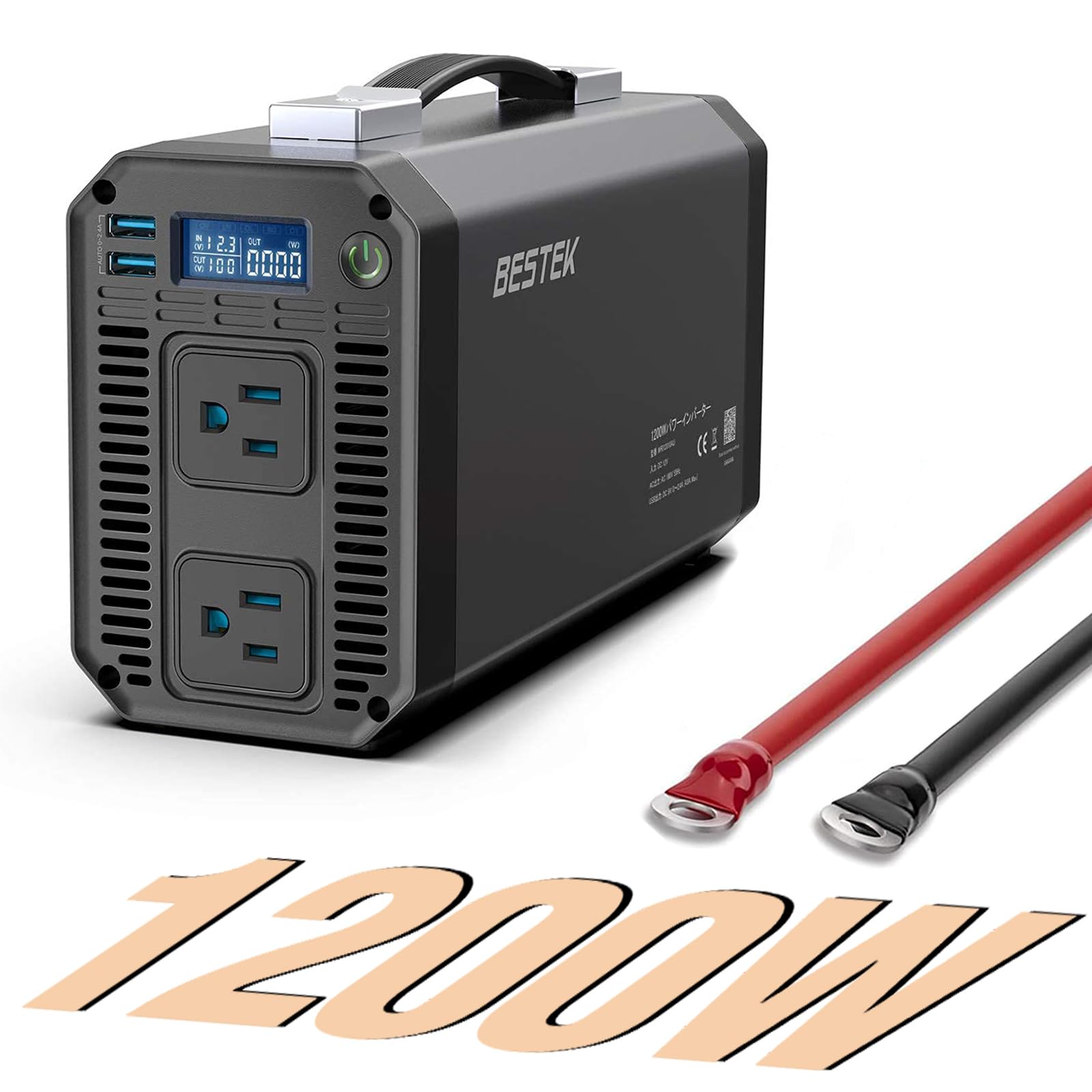 

BESTEK 1200W Car DC 12V to AC 100V Equipped with Two USB Cigarette Lighter and Six Safety Protection Ideal for Camping and Emergencies Manual чёрный