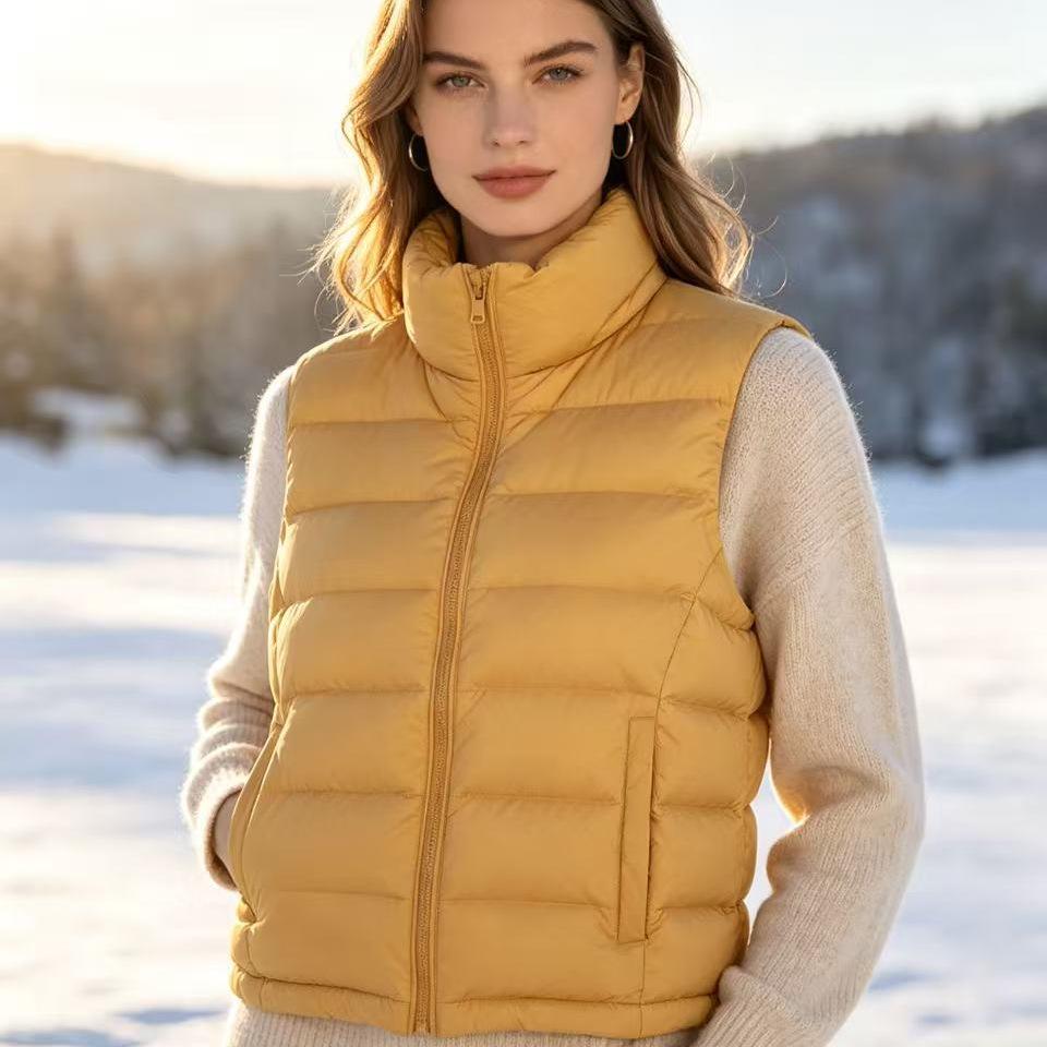 Lightweight Down Cotton Sleeveless Vest - Short Style, Stand Collar, Autumn/Winter Korean Design