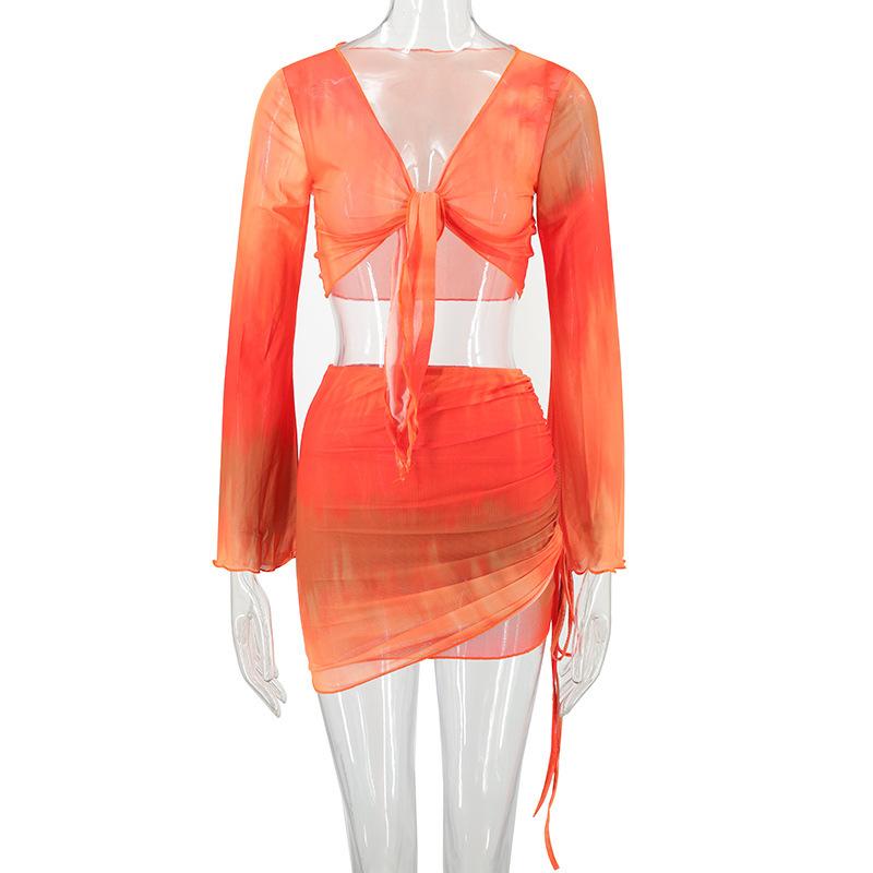 European and American Women's Clothing 2026 Spring Gradual Change V-neck Straps Gradual Change Mesh Horn Sleeve Top Skirt Set