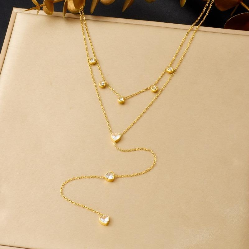 gold heart crystal layered y drop necklace for women