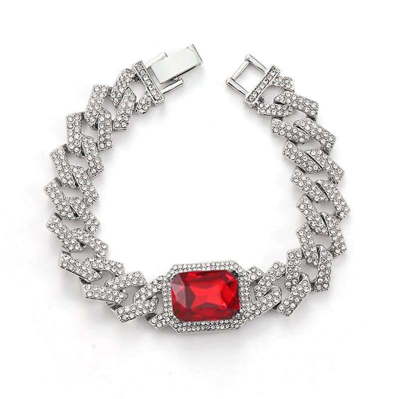 Hip Hop 15Mm 4 Colored Gemstones Jewelry Cuban Chain Full Of Diamonds Personality Hipster Hiphop Necklace