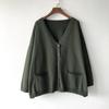 Loose, Large-sized, Artistic and Retro Core-spun Knitted Cardigan Sweater for Women, Long-sleeved V-neck Solid Color Coat