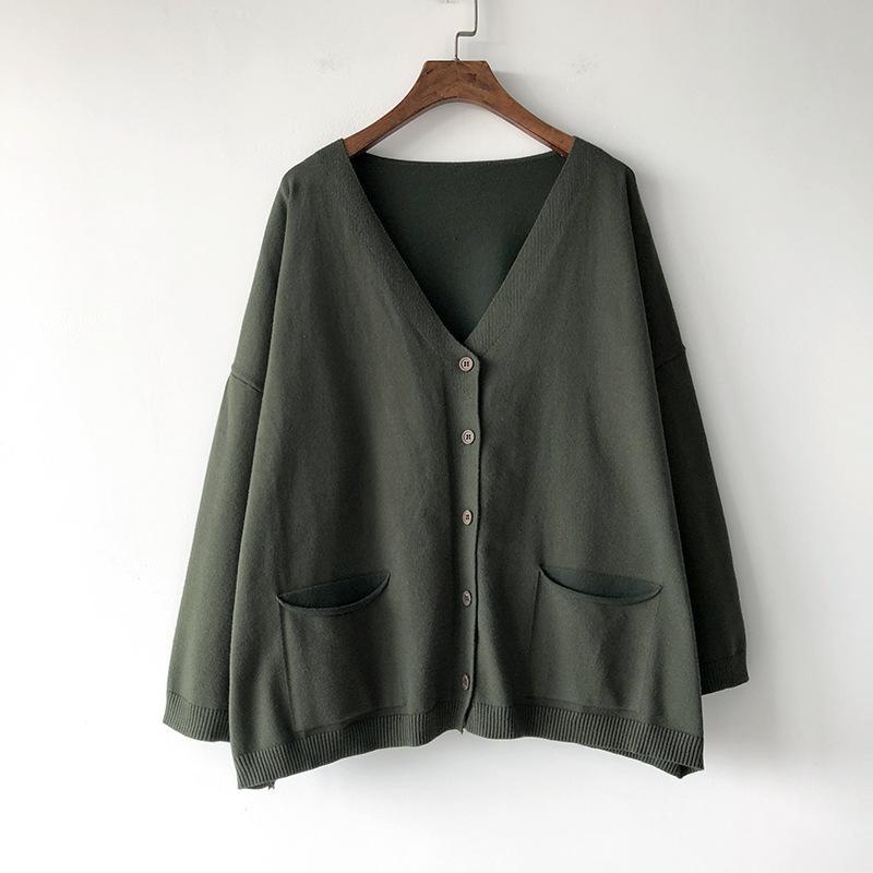 Loose, Large-sized, Artistic and Retro Core-spun Knitted Cardigan Sweater for Women, Long-sleeved V-neck Solid Color Coat
