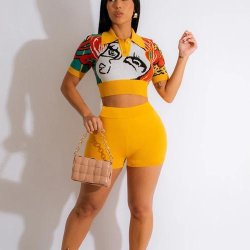 Fashion Women's Set Short Sleeve Cartoon Printed Polo-collar Tee And Shorts Suit  Two 2 Piece Set Outfit Tracksuit