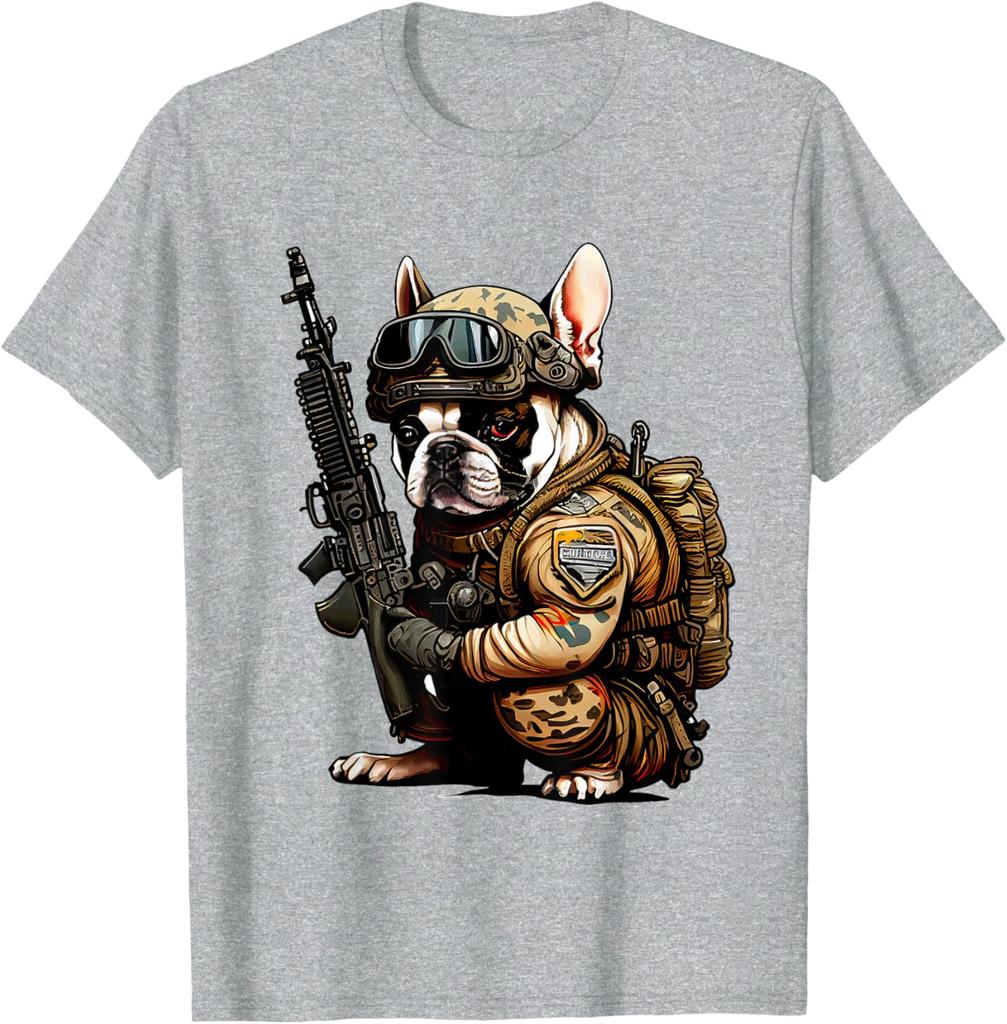 Military Bulldog Tactical Frenchie Ready for Action TShirt Short Sleeve Casual Cotton Shift
