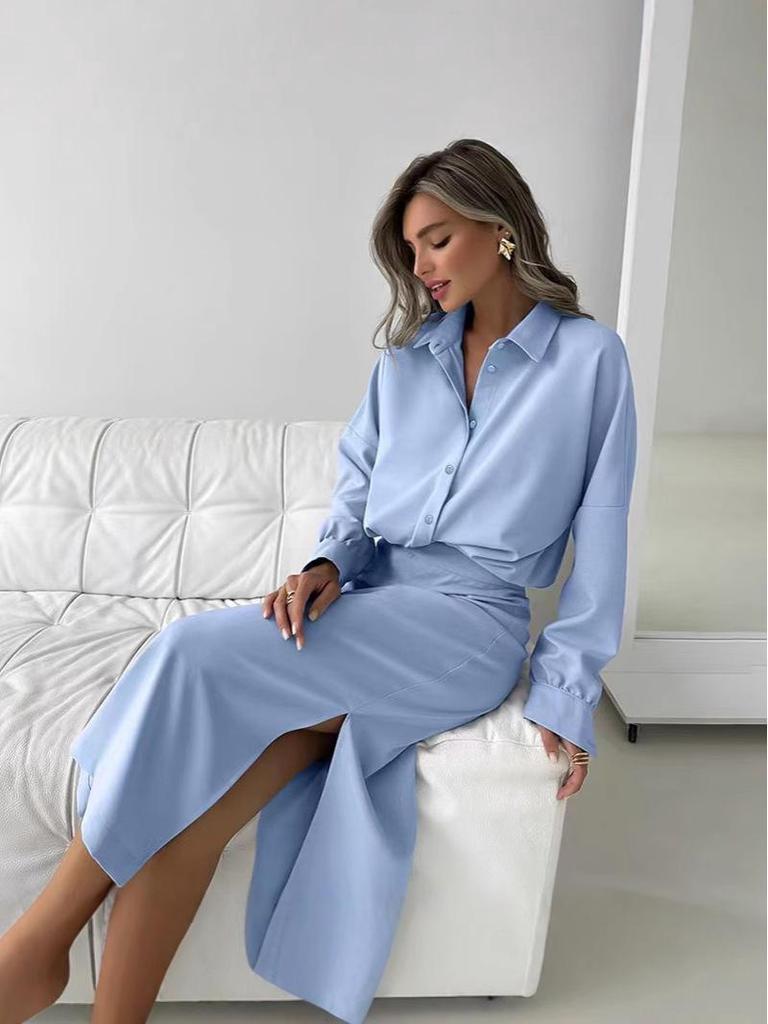 Elegant Lady 2025 Cross-Border 2-Piece Set: Long Sleeve Shirt & High Waist Slit Skirt