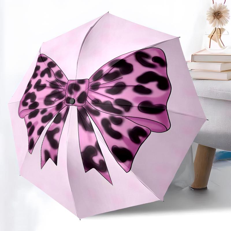 1pc Sturdy 8-Bone Auto Umbrella, Leopard Print Bow Umbrella, Digital Printed, Foldable Umbrella for On-the-Go Outdoor Use