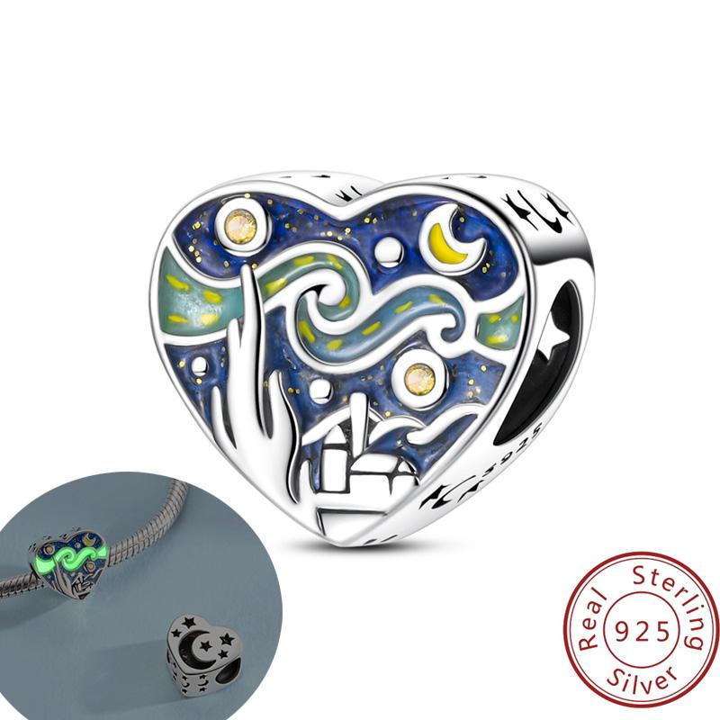 Original Real 925 Sterling Silver Charm Bead Dark Blue Starry Sky Paint Pendant Fit Original Bracelet For Women DIY Jewelry Gift