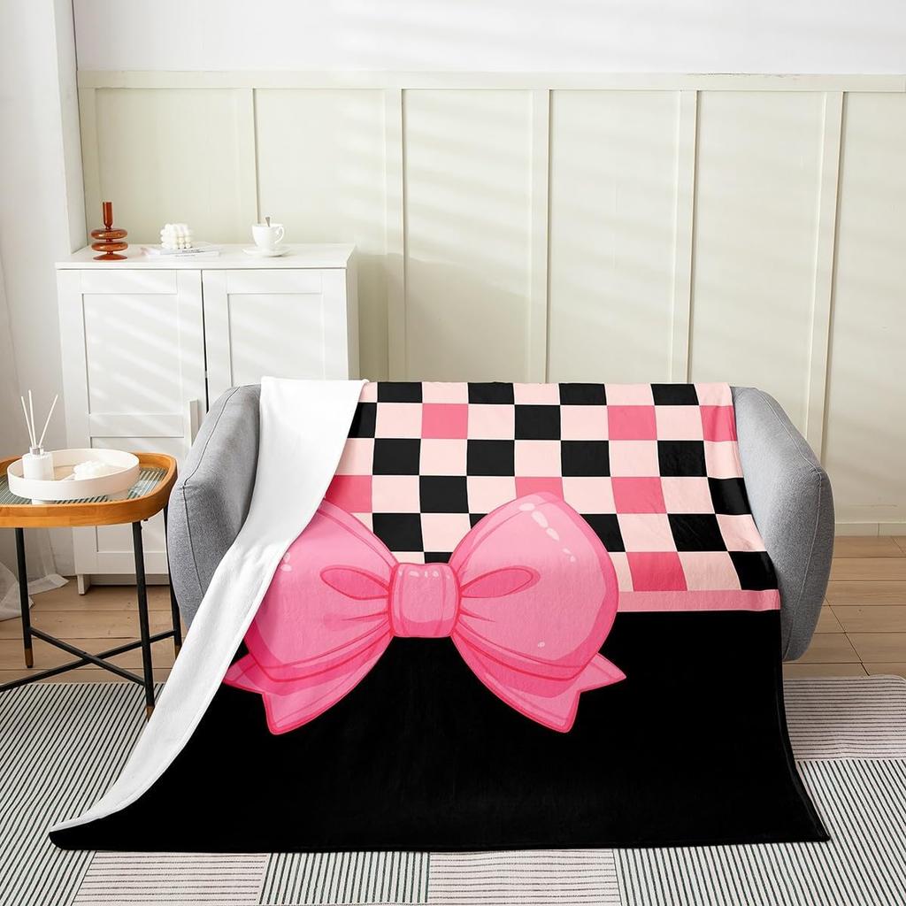 Cute Bowknot Fleece Blanket Princess Style Blue Bow Watercolor Plush Throw for Home Decor Geometric Grid Minimalist Dreamy Sofa