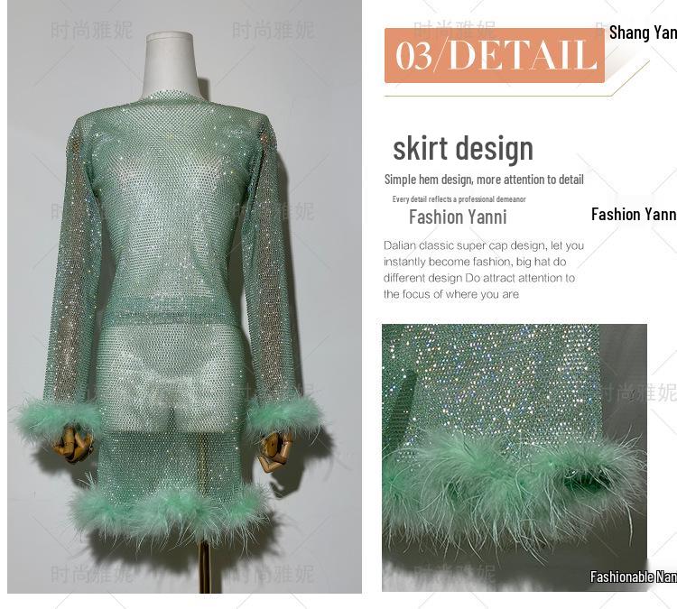 Yanni Fashion Blue Feather & Rhinestone Dress with Long-Sleeve Top and Skirt