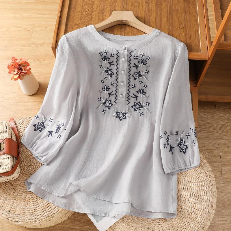 Women Floral Embroidered Half Placket Three Quarter Sleeve Cotton Blouse M