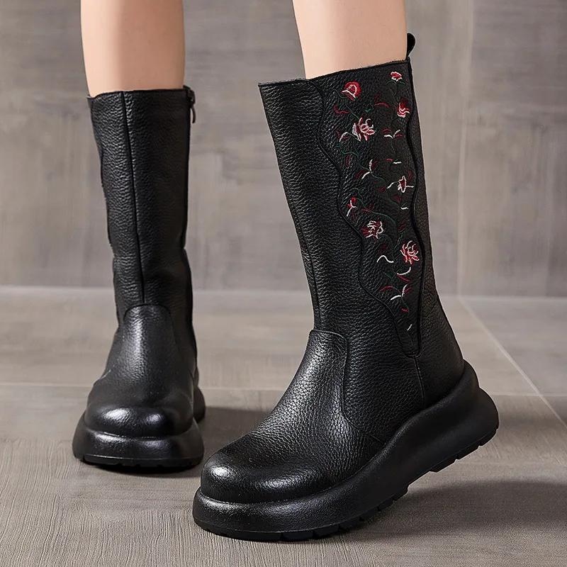 Fashion 5CM Luxury Design Women Mid Calf Boots Winter Thick Sole Wedges National Style Embroidery Warm Genuine Leather Long Boots