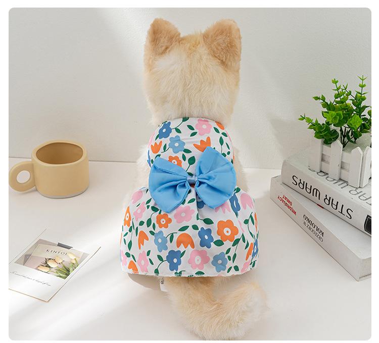 Dog Princess Dress Print Summer with Bowknot Button Sweet Cute Puppy Cat Skirt Thin Pets Wedding Party Chihuahua Clothes