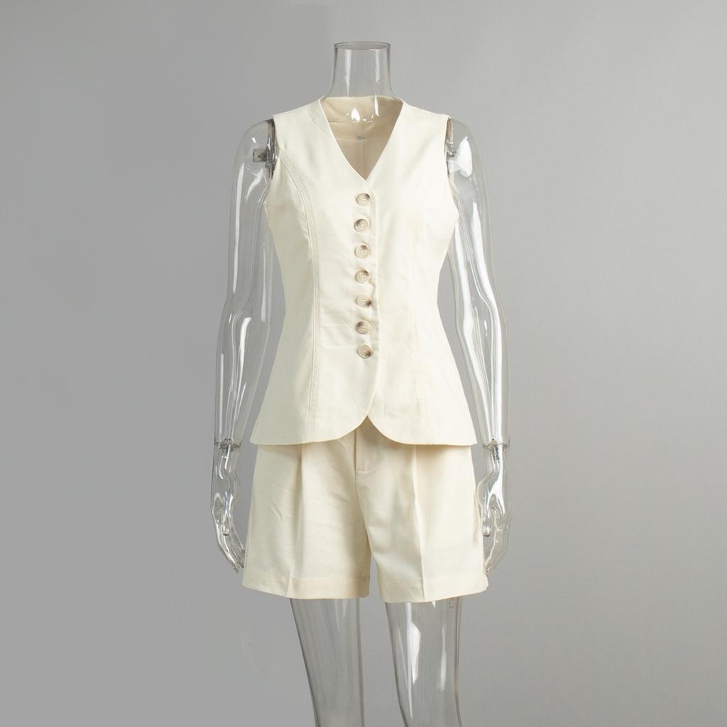 Set Estivo da Donna in Cotone e Lino 2 Pezzi Casual da Pendolare Gilet Gilet + Pantaloncini