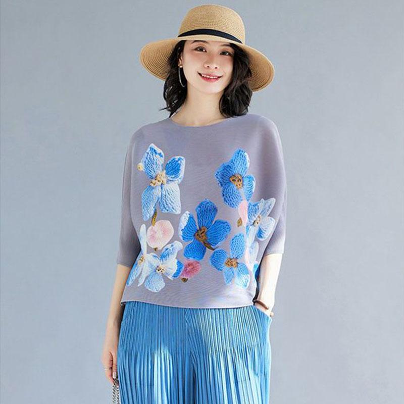 

Новый летний мятый топ с принтом, свободная футболка с рукавами 3/4, элитная элегантная женская тонкая стильная футболка, уменьшающая возраст One Size серый