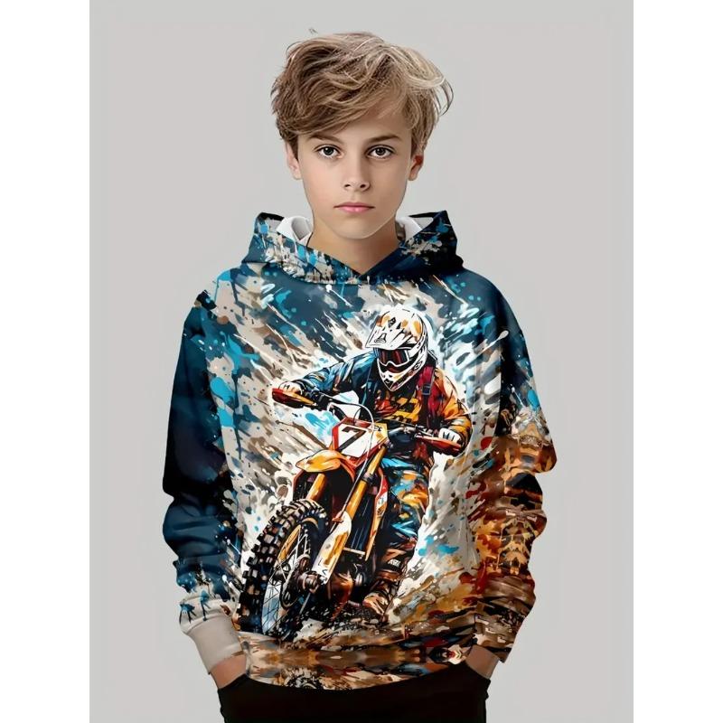 Autumn Winter 3D Motocross Graphic Printed Hoodies Fashionable Casual Warm Sports Long Sleeved Children's Boy Hooded Sweatshirts