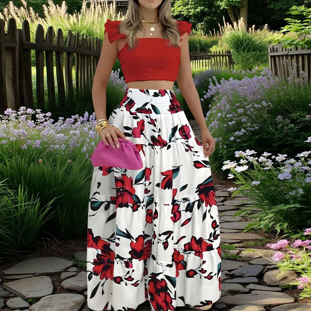 Women's Fashionable Casual Floral Print Elegant And Mid-Waist Strapless Wide-Skirt Two-Piece Dress Set