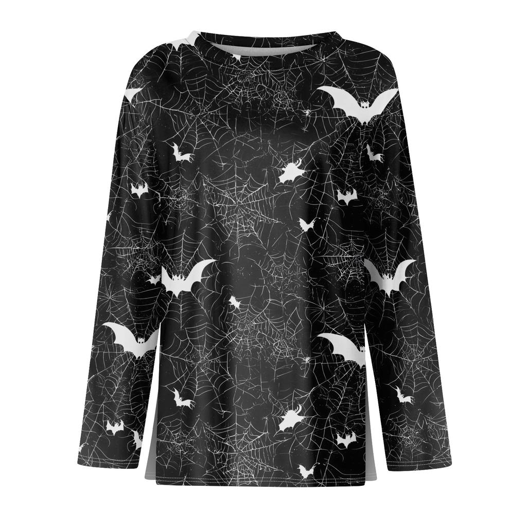 Women's Halloween Print Long Sleeve Top with Round Neck and Hem Slit