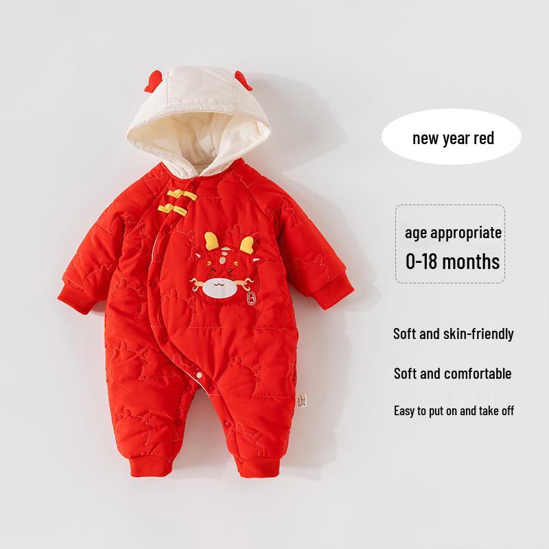 Autumn Winter Newborn Bodysuit: Thick Quilted Red Jumpsuit, Ideal for New Year and Visits
