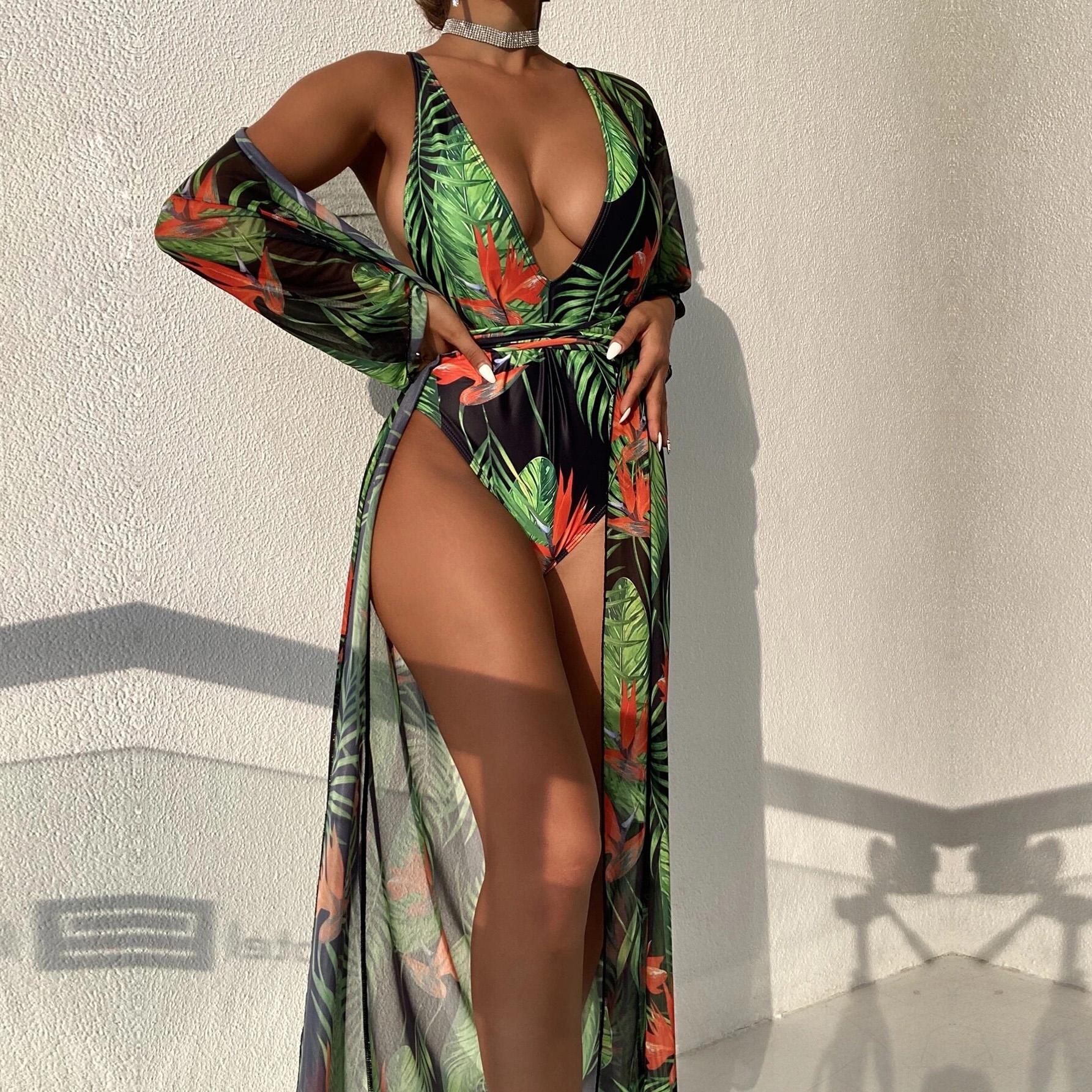 Swimsuit Women s Sexy One Piece Printing Deep V Neck Lace Up Blouse Bikini Sets S