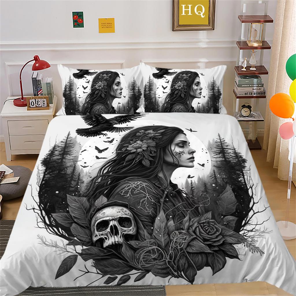 3D Beauty Skull Head Bedding Set Motorcycle Beauty Print Bedroom Decoration Quilt Cover and Pillow Cover 2/3 Pieces White Background Home Decoration