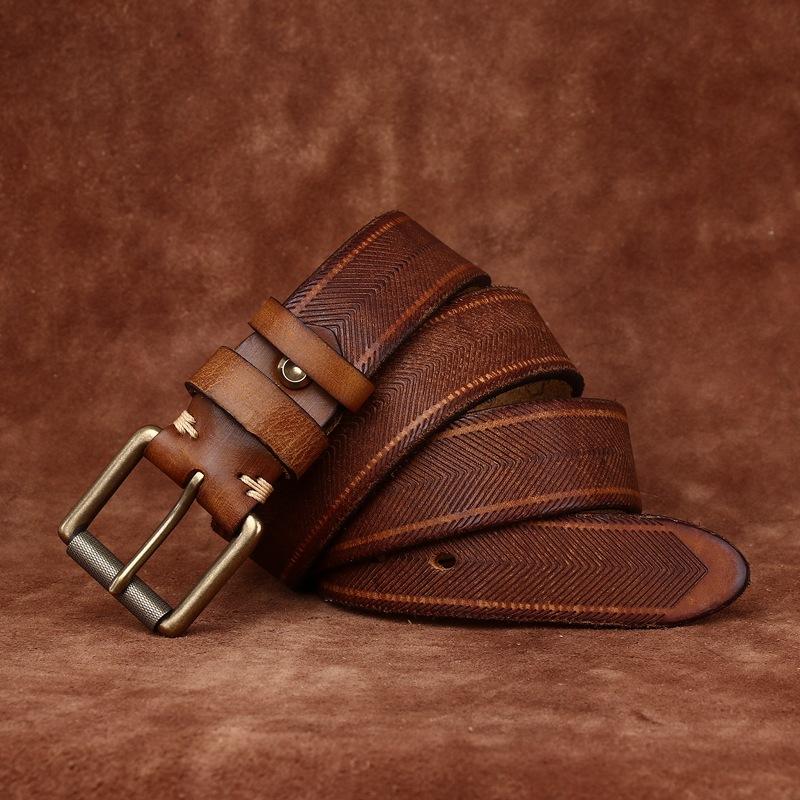 3.8Cm Wide Handmade Thickened Vegetable Tanned First Layer Cowhide Belt Men'S Genuine Leather Pin Buckle Casual Retro Denim Belt Men'S