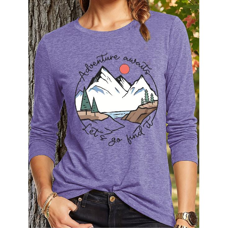 Women's Casual Sports Long-sleeve Shirt with Mountain Landscape Print, Round Badge, and Handwritten Slogan Adventure Awaits Let's Go Find
