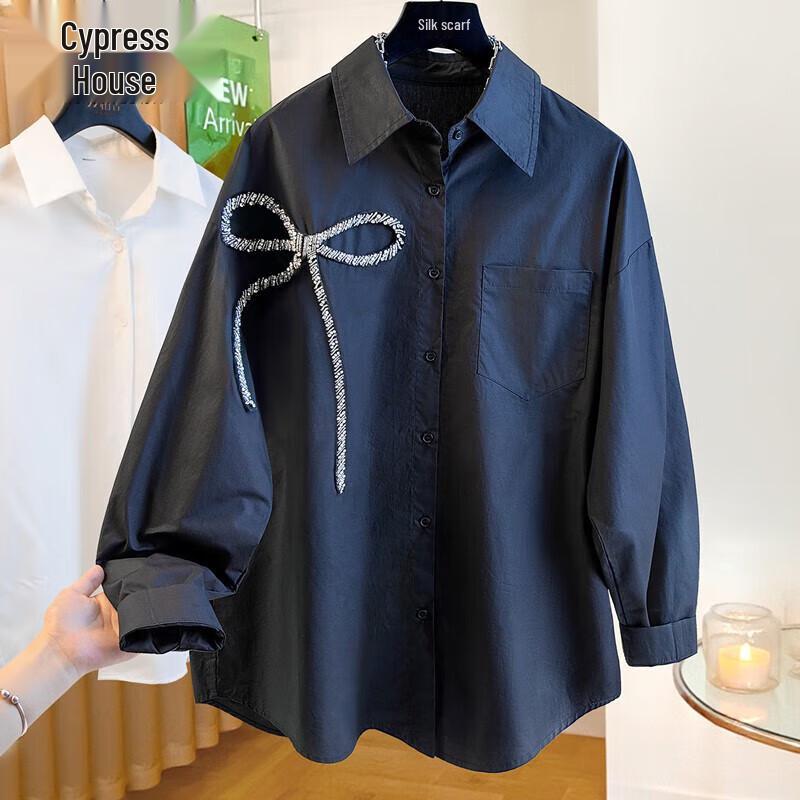 Sibaishi Women s Beaded Bow-Knot Loose-Fit Lapel Blouse S