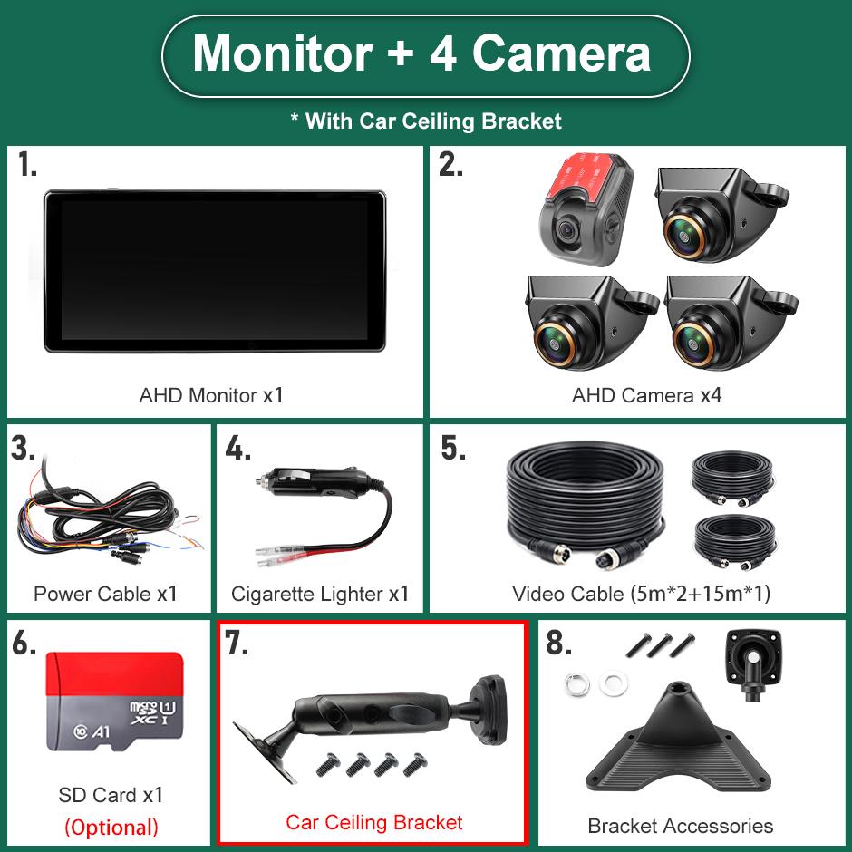 Wireless Carplay Android Auto10.36'' 4 Split Screen Dash Cam Monitor with 1080P Mini Front Rear Camera For Truck Trailer Bus RVs