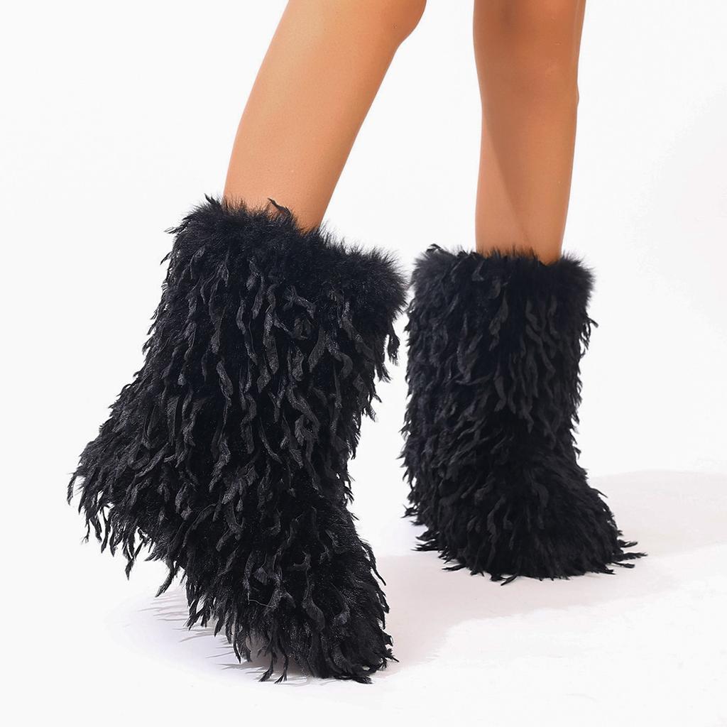 Furry Faux Fur Boots for Women Fuzzy Fluffy Mid Calf Snow Boots Winter Suede Warm Fur Lined Booties Flat Boots Women's Casual Ankle Booties Shoes