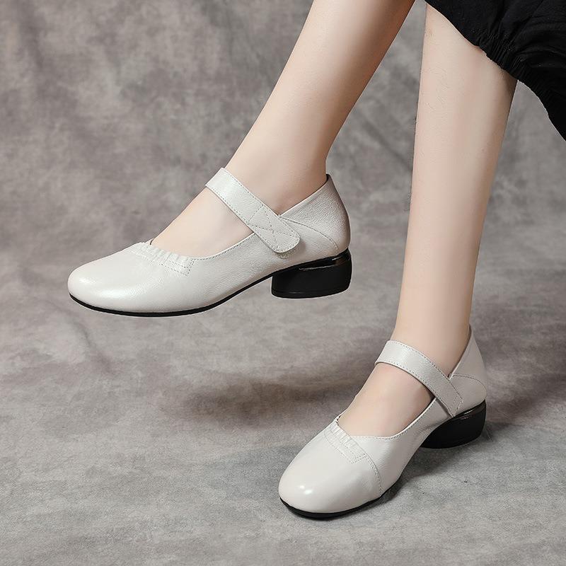 Cowhide Women's Shoes Simple Middle-aged Mother Single Shoes Four Seasons Women's Leather Shoes Thick Heel Work Shoes Casual Mother Shoes