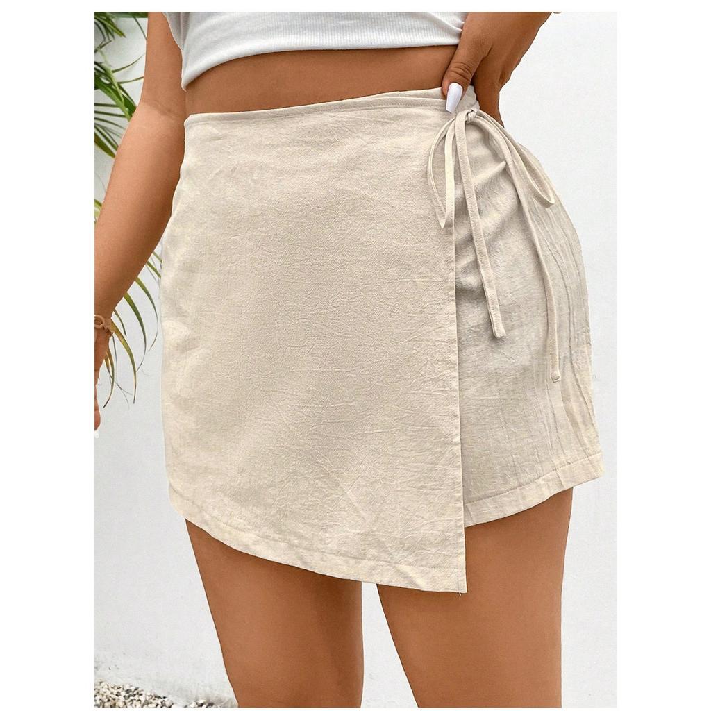 Spring Summer New Solid Color Tie Waist Elastic High Waist A-line Skort Women Casual Summer Shorts Skirt