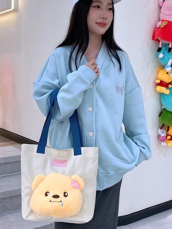 Cute Canvas Shoulder Bag With Zipper Closure For School And Office