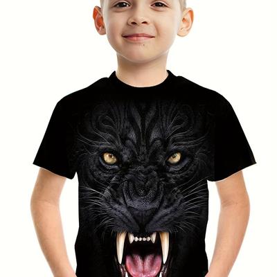Panther 3D-bedrucktes T-Shirt für Jungen mit Tier-Tiger-Löwe-Grafikdesign, Rundhalsausschnitt, kurzärmelig, Sommer, lässige Kinderoberteile, Kleidung