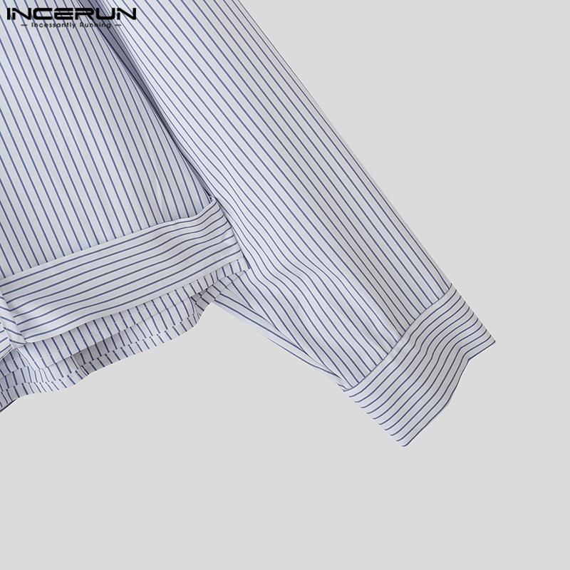 INCERUN Oversized Men Lapel Neck Long Sleeve Striped Print Belt Casual Shirts Tops