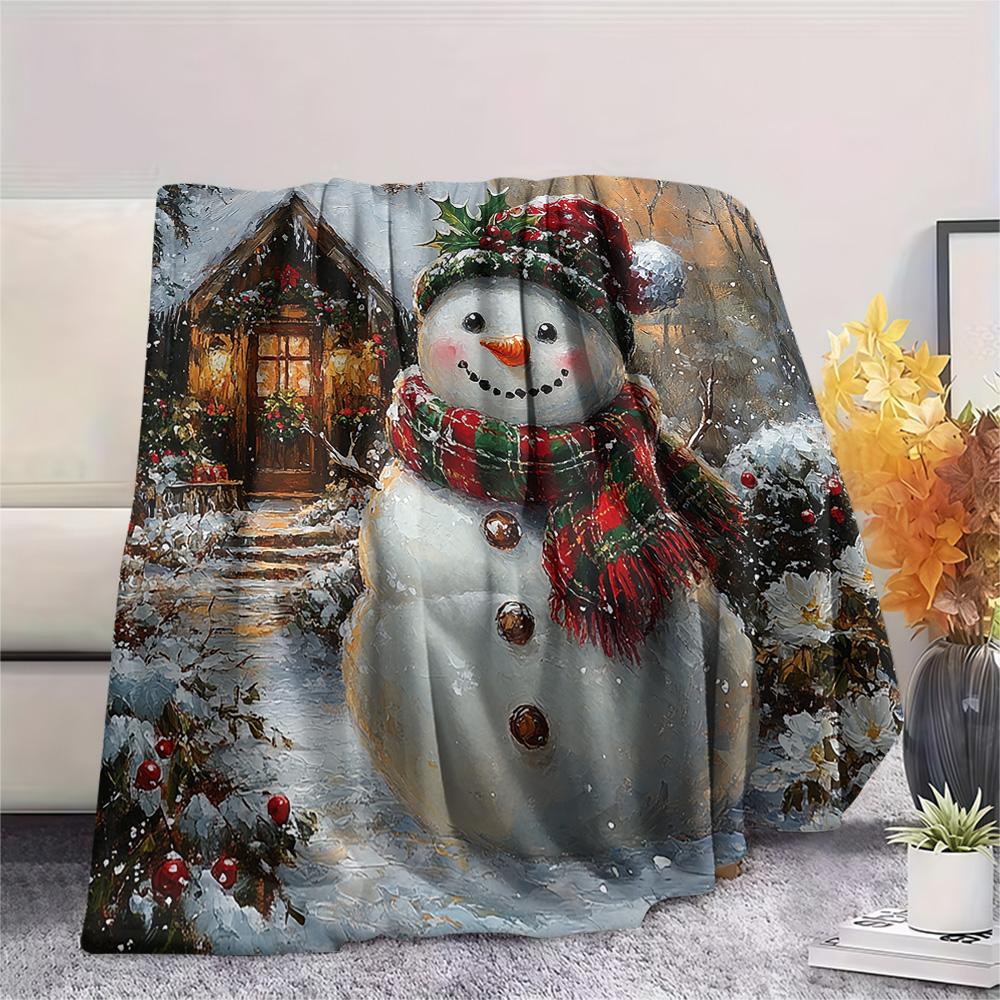 Snowman Print Flannel Blanket, High quality Comfortable for All Seasons, Home Decor, Warmth and Comfort, Perfect for Christmas Gifts