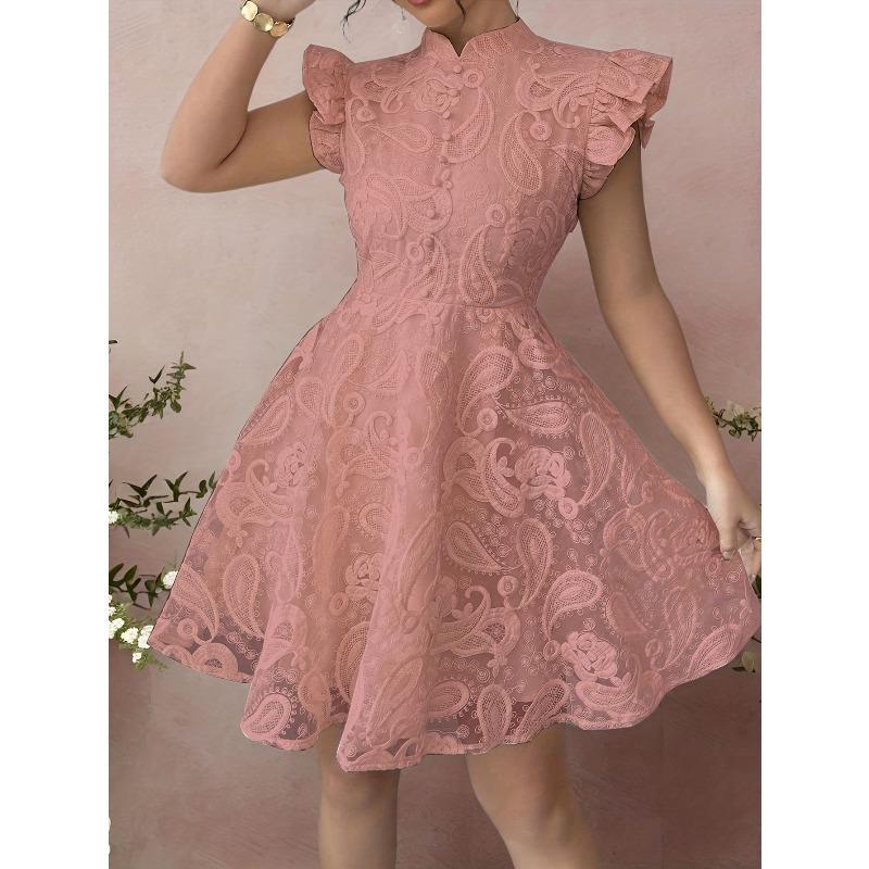 

Retro lace stand-up collar small flying sleeve dress women s single-breasted waist elegant literary and retro XXL