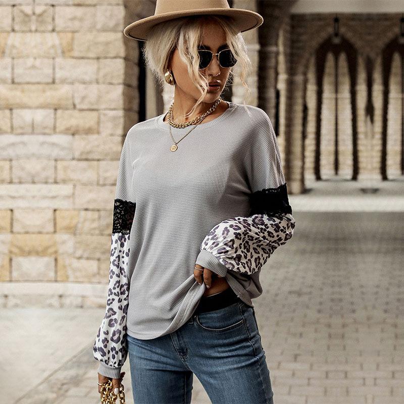 Tops Shirts Clothing Fashionable and Casual Temperament Autumn and Winter Splicing Tops Women Leopard Print Long-sleeved Color Clash Knit Shirt