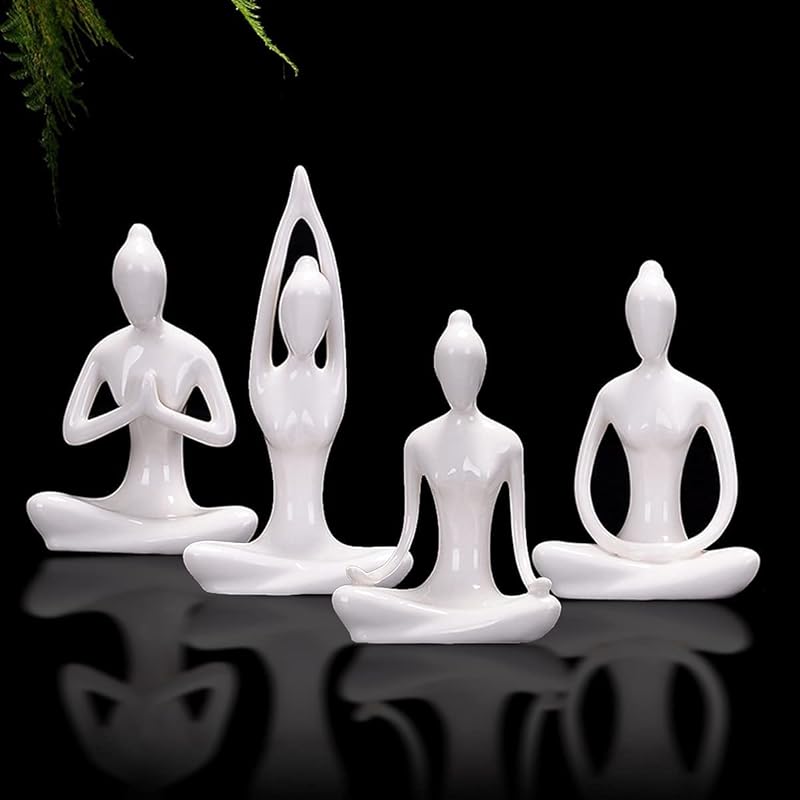 OwMell Lot of 4 Meditation Yoga Pose Statue Figurine Ceramic Yoga Figure Set Decor - Patina Gold