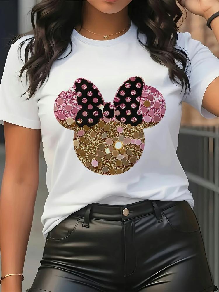 Women Pink Glitter Mickey Mouse TShirt Round Neck Short Sleeve Casual TShirt Bow Tie Detail Soft LooseFit Cotton Shirt Y2K Top