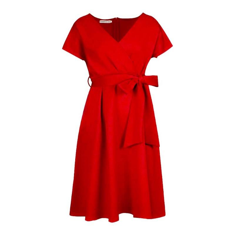 Summer V-neck solid color waist bow strap big swing dress dress dress
