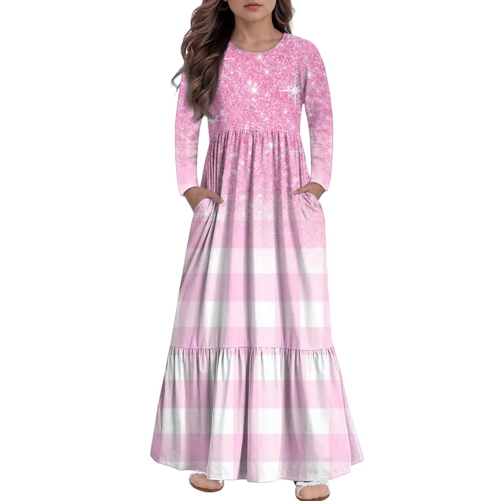 

Дівоча сукня максі, повсякденні святкові сукні - сукня з довгим рукавом та кишенями для 4-14 років 150 рожевий