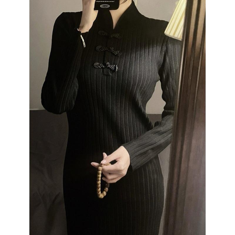 The Daughter of the Republic of China Improved Cheongsam Women's New Long Black Sweater Knitted Dress Women's Autumn and Winter