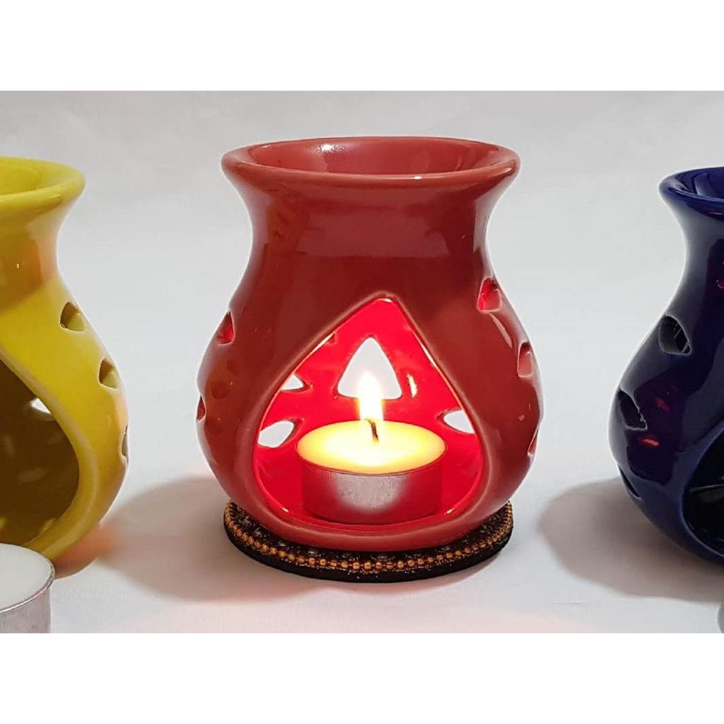 Ceramic Clay Candle Operated Aroma Burner|Oil Diffuser Coming with 1 Tea Candle (Red ; 9.5 Cm)