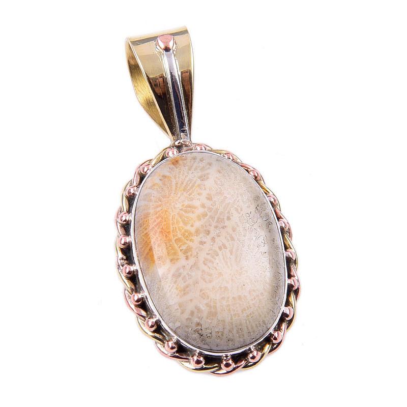 Natürlicher Fossil-Koralle 925 Massiv Sterlingsilber Zweifarbig Geschenk Anhänger 1,50" N7w04